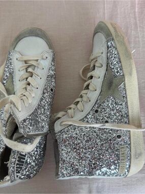 Golden Goose Silver Glitter High-Top Sneakers with Beige Trim